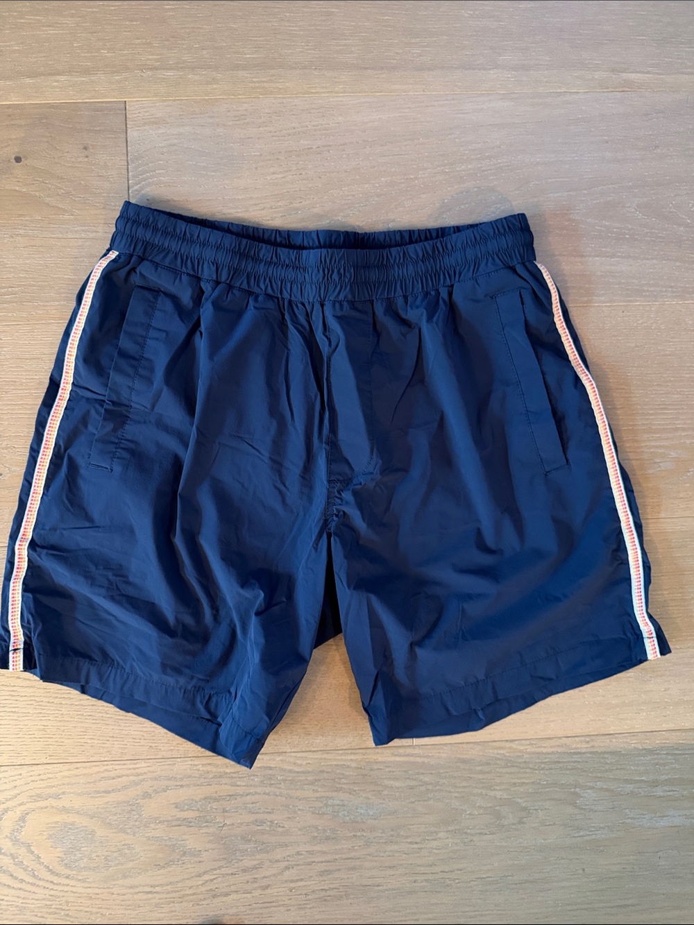 Marine Layer Men’s Small Navy Athletic Shorts with Pink and White Side Stripe
